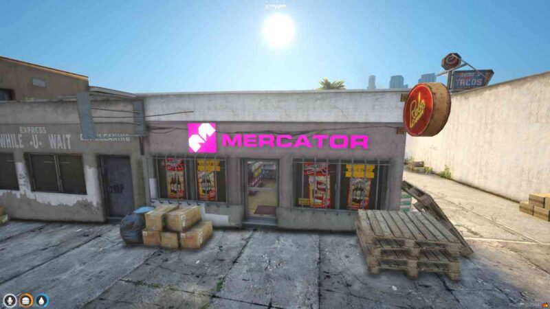 FiveM Shops MLO exterior with modern storefronts and vibrant signage