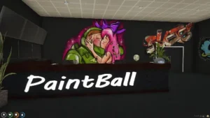 FiveM Paintball MLO indoor arena with vibrant mural and front desk