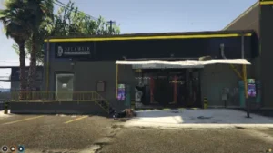 FiveM Taxi Station MLO with garage bay, yellow signage, and city street setup