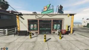 FiveM 24/7 Store MLO with realistic signage, posters, and compact shopfront design