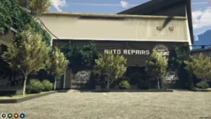 FiveM Auto Repairs Shop MLO with clean garage front and natural landscaping