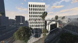 FiveM Computers Office MLO with tall modern architecture and flag-lined entrance