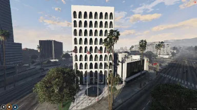 FiveM Computers Office MLO with tall modern architecture and flag-lined entrance
