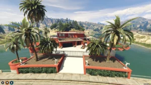 FiveM Designer House MLO with luxury villa design, gated driveway, and palm trees