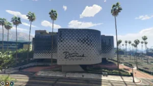 FiveM Diamond Casino MLO showing a premium entertainment venue with sleek modern facade, palm trees, and glamorous roleplay potential for casino-based activities