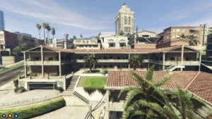 FiveM Hotel MLO showcasing a grand, multi-story layout with palm trees and open spaces, perfect for immersive guest roleplay and hotel business scenes.
