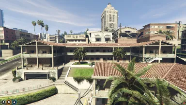 FiveM Hotel MLO showcasing a grand, multi-story layout with palm trees and open spaces, perfect for immersive guest roleplay and hotel business scenes.