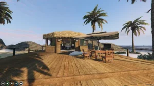 FiveM Paradise MLO with tropical beach hut, wooden deck, and palm trees