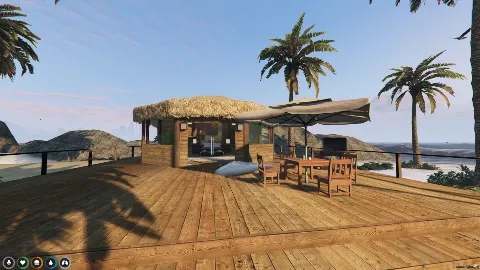 FiveM Paradise MLO with tropical beach hut, wooden deck, and palm trees