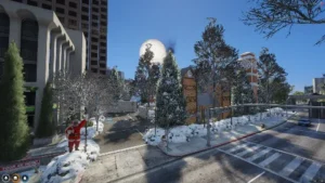 FiveM Christmas Job Map with snow, festive houses, decorated trees, and holiday props