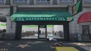 FiveM Supermarket MLO with green awning, glass front, and roleplay-ready interior